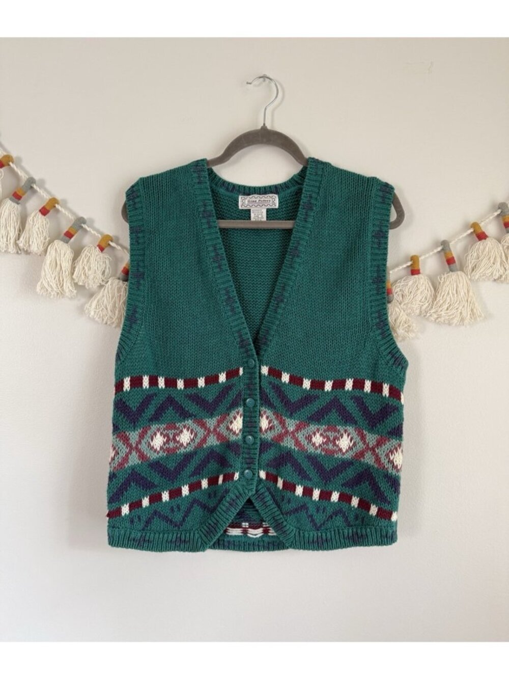 VTG Gina Peters Ramie Cotton Knit Green Sweater Vest Indie Western Preppy L
